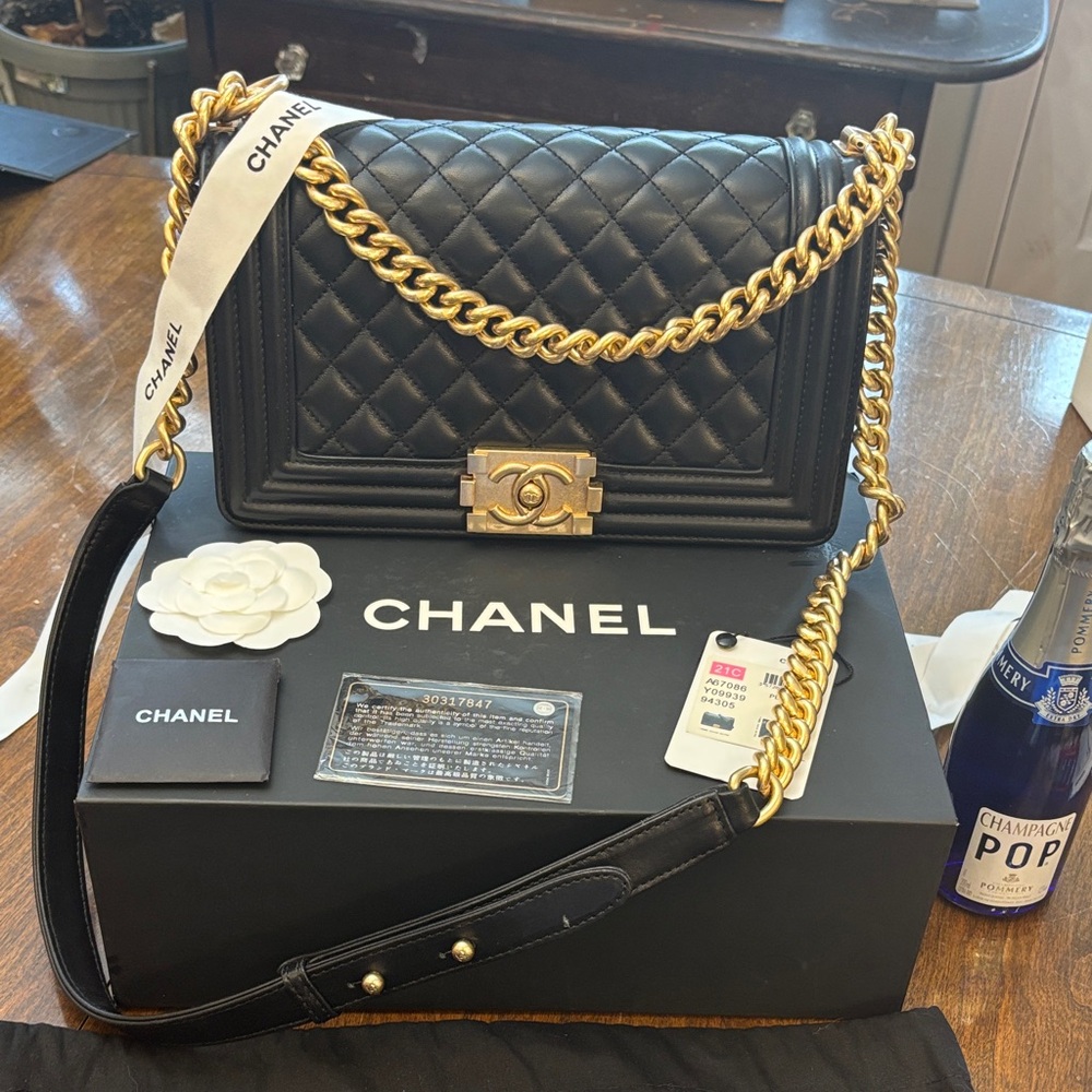 Chanel Black Quilted Boy bag Shoulder Bag with Gold Chain medium size